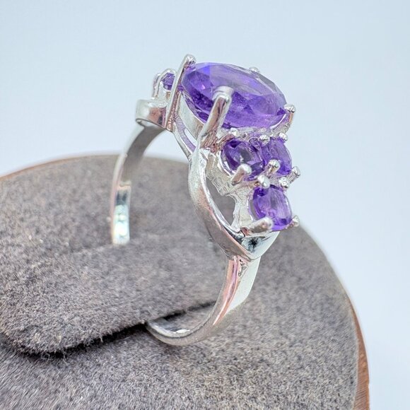VTG Solid Sterling Silver 925 Amethyst Prong Set Statement Ring Size 5.75 - Picture 5 of 9